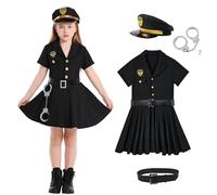 LOLANTA Déguisement Policier Enfant, Costume Police Uniforme Filles Police Cosplay Ensemble pour Carnaval Fête d'Halloween Costume, Chapeau+Ceinture+Poignets, Noir, 12-13 ans, XL