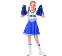 LOLANTA Deguisement Pompom Girl Enfant,Costume Cheerleader Fille de Carnaval avec Pompons(13-14 Ans,Bleu,Tag M/170)