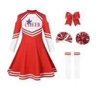 LOLANTA Deguisement Pompom Girl Enfant, Costume Cheerleader Fille de Carnaval avec Pompons Chaussettes(Rouge,12-13 ans,Tag Size 160)