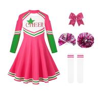 LOLANTA Deguisement Pompom Girl Enfant, Robe de Cheerleader pour Filles de Carnaval avec Pompons Chaussettes(Rose,10-11 ans,Tag Size 150)