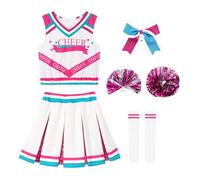 LOLANTA Deguisement Pompom Girl Enfant Rose, Tenue Cheerleader Fille avec Pompons Chaussettes, Costum Carnaval Enfant(Rose,10-11 ans,Tag Size 150)