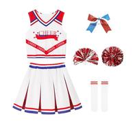 LOLANTA Deguisement Pompom Girl Enfant Rouge, Tenue Cheerleader Fille avec Pompons Chaussettes, Costum Carnaval Enfant(Rouge,9-10 ans,Tag Size 140)