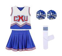 LOLANTA Déguisement Pompom Girl Fille, Costume Cheerleader avec Pompons et Chaussettes, pour Halloween, Carnaval, Bleu, 6-7 ans, 130