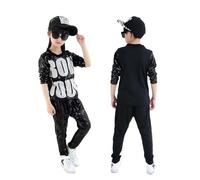 LOLANTA Enfant Paillettes Costumes de Danse Rétro Hip Hop Tenue Sequin Enfant Disco Vêtements Brillant Top & Pantalon, Noir, 5-6 ans, 120