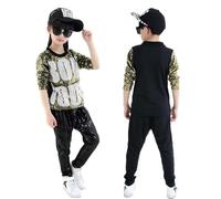LOLANTA Enfant Paillettes Costumes de Danse Rétro Hip Hop Tenue Sequin Enfant Disco Vêtements Brillant Top & Pantalon, Oro Foncé, 10-11 ans, 150