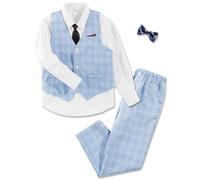LOLANTA Ensemble Costume 5 Pièces pour Garçon, Costume de Gentleman pour Mariage, Fête, avec Gilet à Carreaux, Pantalon, Chemise, Nœud Papillon, Tenue Formelle (Bleu,4-5 Ans,110)