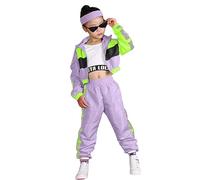 LOLANTA Ensemble de 3 vêtements hip-hop pour filles, survêtement rétro colorblock des années 80, débardeur court, veste zippée, pantalon de jogging, Violet, 12-13 ans, 170