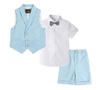 LOLANTA Ensemble de Costume pour Enfants 4 pièces, Costume de Mariage d'été pour garçons, Chemise à Manches Courtes, nœud Papillon, Gilet, Short, Bleu, 9-10 Ans, 150