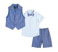LOLANTA Ensemble de Costume pour Enfants 4 pièces, Costume de Mariage d'été pour garçons, Chemise à Manches Courtes, nœud Papillon, Gilet, Short, chèque Bleu foncé, 9-10 Ans, 150