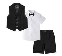 LOLANTA Ensemble de Costume pour Enfants 4 pièces, Costume de Mariage d'été pour garçons, Chemise à Manches Courtes, nœud Papillon, Gilet, Short, Noir, 3-4 Ans, 110