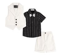 LOLANTA Ensemble de Costume pour Enfants 4 pièces, Costume de Mariage d'été pour garçons, Chemise à Manches Courtes, nœud Papillon, Gilet, Short, Blanc, 4-5 Ans, 120