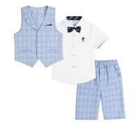LOLANTA Ensemble de Costume pour Enfants 4 pièces, Costume de Mariage d'été pour garçons, Chemise à Manches Courtes, nœud Papillon, Gilet, Short, Bleu à Carreaux, 9-10 Ans, 150