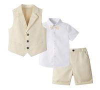 LOLANTA Ensemble de Costume pour Enfants 4 pièces, Costume de Mariage d'été pour garçons, Chemise à Manches Courtes, nœud Papillon, Gilet, Short, Beige, 9-10 Ans, 150