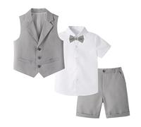 LOLANTA Ensemble de Costume pour Enfants 4 pièces, Costume de Mariage d'été pour garçons, Chemise à Manches Courtes, nœud Papillon, Gilet, Short, Gris, 3-4 Ans, 110