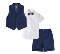 LOLANTA Ensemble de Costume pour Enfants 4 pièces, Costume de Mariage d'été pour garçons, Chemise à Manches Courtes, nœud Papillon, Gilet, Short, Bleu foncé, 4-5 Ans, 120