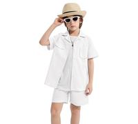 LOLANTA Ensemble d'Été 2 Pièces pour Garçons, Chemise en Lin Blanche à Manches Courtes et Short, Tenue de Plage(Blanc, 10-11 Ans, 150)