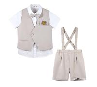 LOLANTA Ensemble Été Garçon 6 Pièces, Gilet Asymétrique, Chemise, Short, Noeud, Bretelles, Fleur, Beige, 5-6 Ans, 120