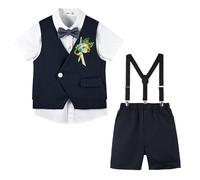 LOLANTA Ensemble Été Garçon 6 Pièces, Gilet Asymétrique, Chemise, Short, Noeud, Bretelles, Fleur, Noir, 5-6 Ans, 120