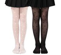 LOLANTA Lot de 2 Collants Fille Transparence Motifs pour École, Fête, Danse, Cérémonie, Collants Décoratifs, Blanc Noir Cœur, 6-7 ans, M