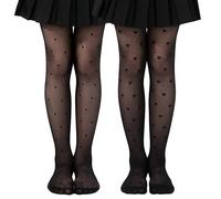 LOLANTA Lot de 2 Collants Fille Transparence Motifs pour École, Fête, Danse, Cérémonie, Collants Décoratifs, Noir Pois Cœur, 6-7 ans, M