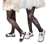 LOLANTA Lot de 2 Collants Résille Fantaisie Fille à Motifs, Collants Enfant Dentelle Ajourée pour Fête, Fleur Noire + Noeud Papillon Noir, 3-5 ans, S