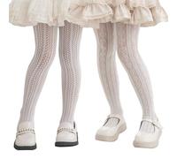 LOLANTA Lot de 2 Collants Résille Fantaisie Fille à Motifs, Collants Enfant Dentelle Ajourée pour Fête, Cœur Blanc + Épi Blanc, 3-5 ans, S