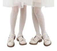LOLANTA Lot de 2 Collants Résille Fantaisie Fille à Motifs, Collants Enfant Dentelle Ajourée pour Fête, Fleur Blanche + Cœur Blanc, 8-12 ans, L