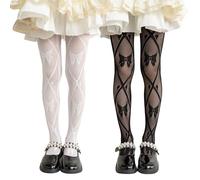 LOLANTA Lot de 2 Collants Résille Fantaisie Fille à Motifs, Collants Enfant Dentelle Ajourée pour Fête, Noeud Noir + Noeud Blanc, 8-12 ans, L