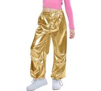 LOLANTA Pantalon Métallique Brillant pour Enfants Ensemble de Danse Hip-hop Rétro Cargo Ample Streetwear à Taille élastique, Or, 12-13 Ans, 170