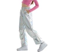 LOLANTA Pantalon Métallique Brillant pour Enfants - Ensemble de Danse Hip-hop Rétro Cargo Ample Streetwear à Taille Élastique, Laser Argent, 10-11 Ans, 150