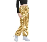 LOLANTA Pantalon Métallique Brillant pour Enfants Ensemble de Danse Hip-Hop Rétro Cargo Ample Streetwear à Taille Élastique, Or, 8-9 Ans, 140