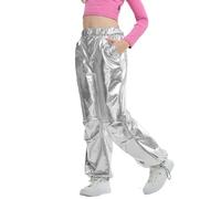 LOLANTA Pantalon Métallique Brillant pour Enfants Ensemble de Danse Hip-hop Rétro Pantalon Cargo Ample Pantalon Streetwear à Taille élastique, Argent, 10-11 Ans, 150