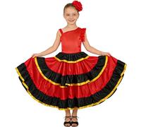 LOLANTA Robe Flamenco à Volants pour Fille, Style Sevillana Espagnol, avec Fleur Rouge et Éventail, 360 degrés, 7-8 Ans, 130