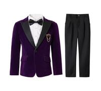 LOLANTA Smoking pour Enfants, Ensemble 4 Pièces Garçon Tenues de Mariage pour Garçons Blazer en Velours Pantalon Chemise Nœud Papillon, Tenue de Bal(Pourpre, 9-10 Ans, 140)
