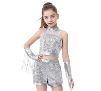 LOLANTA Tenue de Danse Filles à Paillettes, Costume Hip Hop Jazz pour Enfants, Vêtements de Street Dance Brillants avec Haut Court Sans Manches et Short(Argent, 8-9 Ans, 140)
