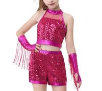 LOLANTA Tenue de Danse Filles, Costume Jazz à Paillettes Brillant pour Enfants, Tenue Hip Hop Street Dance pour Filles, Ensemble Haut Sans Manches et Short(Rose, 10-11 Ans, 150)