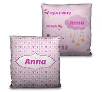 LolaPix Coussin Cadeau Naissance. Données de Naissance Nom/Date. Cadeau Unique, Original et Exclusif. Différentes Tailles à Choisir. Remplissage Inclus. Univers Rose