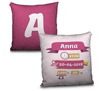 LolaPix Coussin Decoratif Chambre Bebe. Données de Naissance Nom/Date. Cadeau Unique, Original et Exclusif. Différentes Tailles à Choisir. Remplissage Inclus. Naissance Rose