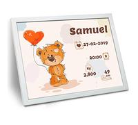LolaPix Poster Naissance Enfant Personnalisé avec Données de Naissance. Nom/Date/Heure/Poids/Taille. Cadeaux Nouveau-Né. Divers Modèles. 30x40 cm. Ours