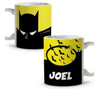 LolaPix Tasse de Super-héros personnalisée avec nom. Cadeau Geek. Divers modèles et Couleurs intérieures. Chauve Souris