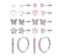 LOLIAS 10 Paires Boucles d'oreilles pour Fille Femmes Acier Inoxydable Creoles Argent Coeur Perle Fleur Papillon Boucle d'oreille Enfant Fille Hypoallergéniques Bijoux Cadeau Anniversaire Filles