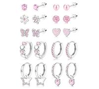 LOLIAS 10 Paires Boucles d'oreilles pour Fille Femmes Acier Inoxydable Creoles Hypoallergéniques Coeur Perle Fleur Papillon Étoile Rose Boucle d'oreille Enfant Fille Bijoux Cadeau Anniversaire