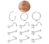 LOLIAS 12Pcs Piercing Nez en Acier Chirurgical Piercing au Nez Rond CZ Coeur Piercings Nez Anneau pour Femmes Hommes Piercing Septum Argent Or Bijoux Femme 18/20G