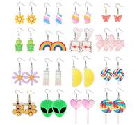 LOLIAS 16 Paires Mignonnes Boucles D'oreilles pour Femmes Filles Résine Crochet Esthétiques étranges Kawaii Champignon Fraise Poisson Fleur Papillon Balancent Boucles D'oreilles
