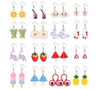 LOLIAS 16 Paires Mignonnes Boucles D'oreilles pour Femmes Filles Résine Crochet Esthétiques étranges Kawaii Champignon Fraise Poisson Fleur Papillon Balancent Boucles D'oreilles