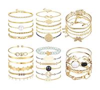 LOLIAS 32 PCS Boho Gold Chain Bracelet Femmes Plusieurs Couches Empilable Open Cuff Wrap Bracelet Argent Réglable Fashion Paperclip Cuban Beaded Bracelets Set Bijoux Cadeau Fille