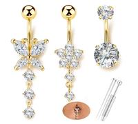 LOLIAS 3PCS 14G Piercing Nombril Acier Chirurgical Piercing au Nombril Or Piercing Nombril Pendant Papillon 10MM