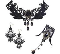 LOLIAS 4 Pcs Collier Dentelle Noire avec Bracelet Pendentif Boucles d'oreilles Gothique Costume Vintage pour Femmes Halloween Vampire Vapeur Punk Fête Mariage Mascara Costume Bijoux