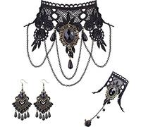 LOLIAS 4 Pcs Collier Dentelle Noire avec Bracelet Pendentif Boucles d'oreilles Gothique Costume Vintage pour Femmes Halloween Vampire Vapeur Punk Fête Mariage Mascara Costume Bijoux