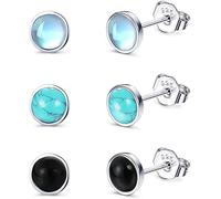 LOLIAS 4MM 925 Petites Boucles D'oreilles Argent Sterling Pour Femmes Adolescentes Pierre de Lune Clou D'oreilles Hypoallergénique Bijoux Turquoise Boucles D'oreilles Noires Rondes Cadeau Fille